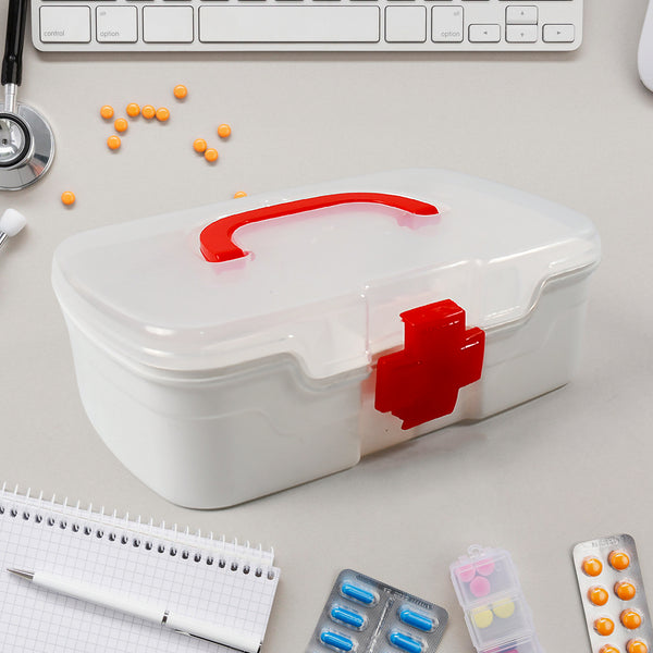 12980 3 Compartment Medical Box 1 Piece Indoor Outdoor Medical Utility Medicine Storage Box Detachable Tray Medical Box Multi Purpose Regular Medicine First Aid Box With Handle Transparent Lid  Color Box