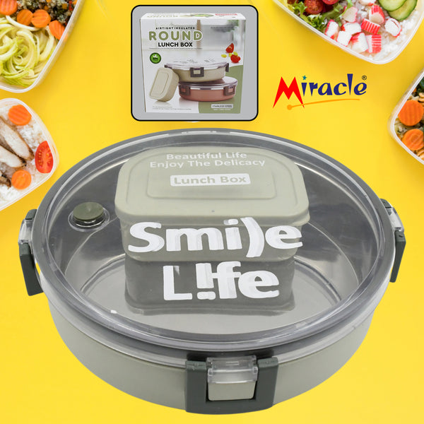 5584 Miracle Stainless Steel Round Lunch Box With Small Plastic Box Insert Leak Proof Lunch Box With Transparent Lid Lunch Box For Kids  Adults For School Office (450 Ml + 250 Ml Approx)