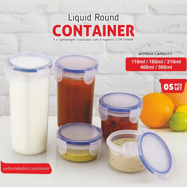 5830 Plastic Liquid Round Airtight Food Storage Container With Leak Proof Locking Lid Bpa Free Container For Kitchen 5 Pcs Set (Transparent  ( Approx Capacity 110 Ml160 Ml210 Ml400 Ml500 Ml)